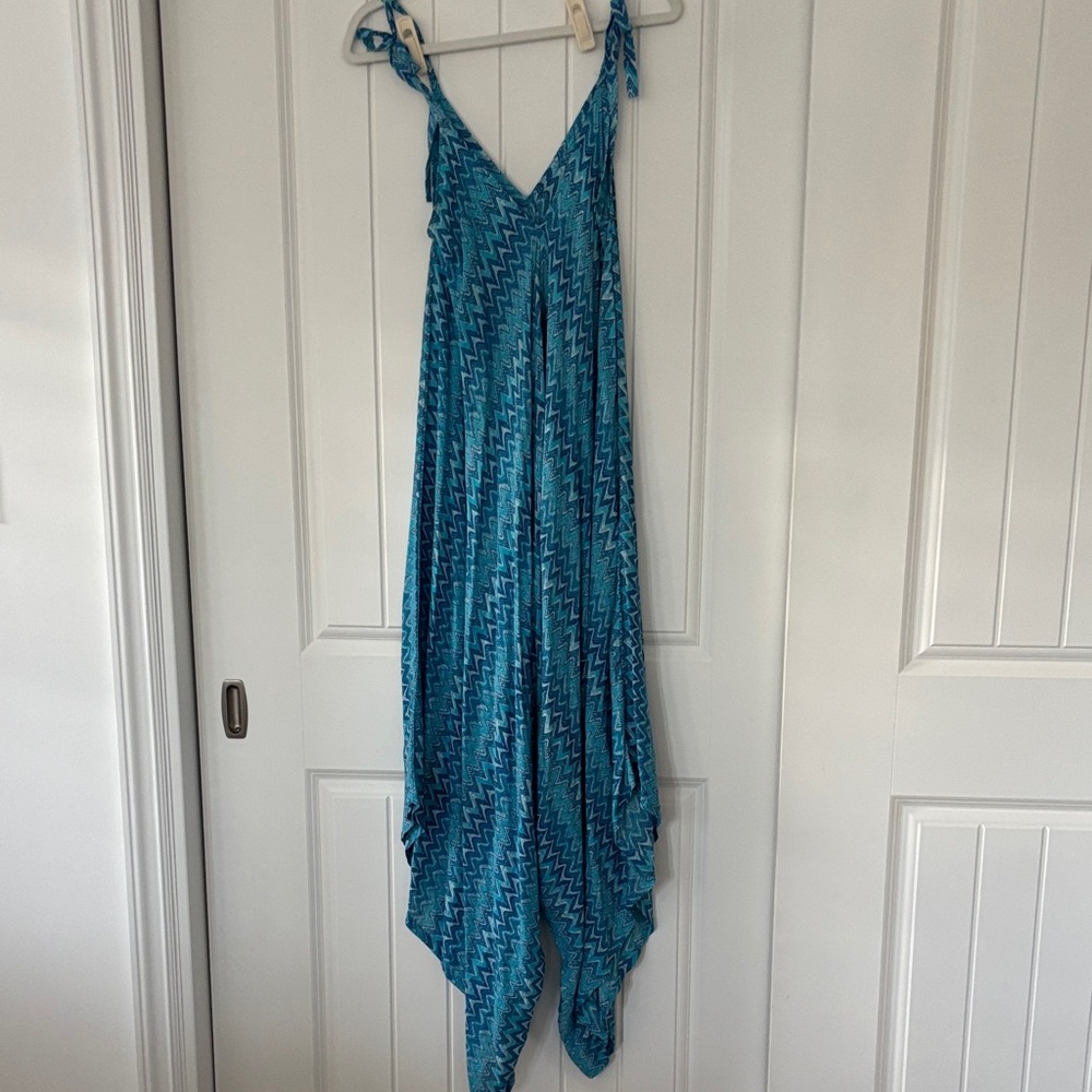 Teal Blue Printed Tie-Shoulder Jumpsuit